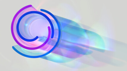 Round glass transparent blue and purple colored geometric. Light generates colored shadows and caustics. Beautiful 3d render. Top view.