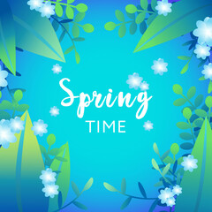 Fototapeta na wymiar Spring Time. Beautiful and colorful background with flowers, leaves, plants. Illustration for banner, social media post, web site and flyers