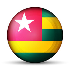 Fototapeta premium Glass light ball with flag of Togo. Round sphere, template icon. national symbol. Glossy realistic ball, 3D abstract vector illustration highlighted on a white background. Big bubble.