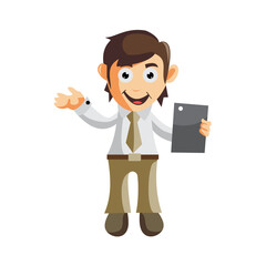 Business man Holding Phone Tablet cartoon character Illustration design creation Isolated