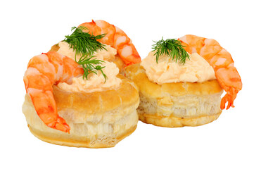 King prawn puff pastry vol au vents with salmon flavoured cream cheese filling isolated on a white background