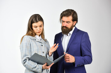 Sometimes partnership is difficult. Need some help. Successful partnership. Couple business meeting. Risky contract. Man and woman with office document folder. Business concept. Communication at work