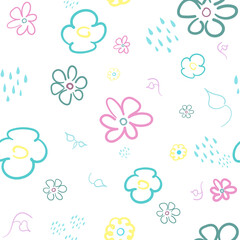 Flowers, petals and rain doodle seamless pattern. Vector hand drawn illustration. Design for paper, textile, print.