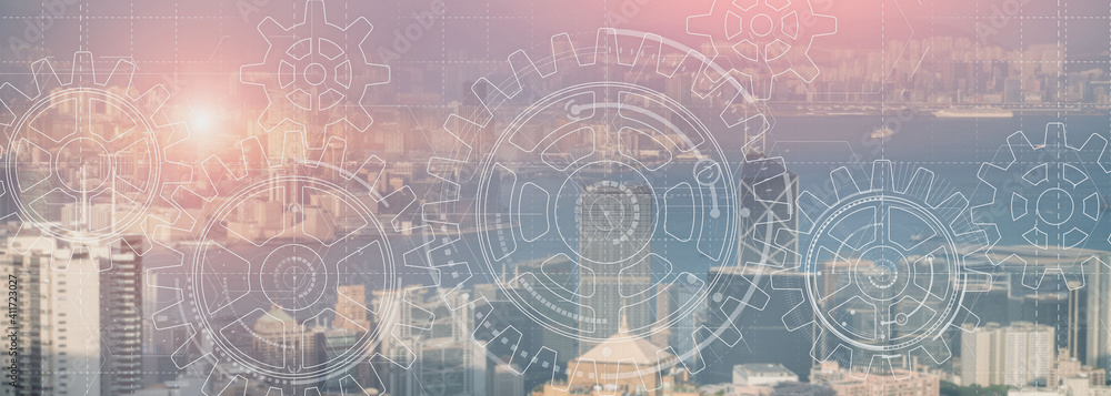 Poster gears cogwheel engineering automation solution teamwork cooperation business concept. city view webs