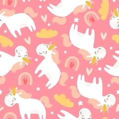 seamless pattern with cartoon unicorns, rainbows, clouds, decor elements. Magic. Colorful vector flat style for kids. Animals. hand drawing. baby design for fabric, print, wrapper