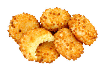 Cheddar cheese nuggets with a crispy puffed rice coating isolated on a white background