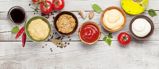 Set of various sauces. Popular sauces in bowls