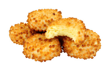 Cheddar cheese nuggets with a crispy puffed rice coating isolated on a white background