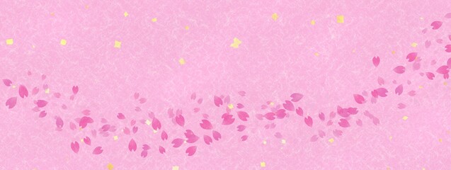 ピンク色の和紙に舞う桜の花びらの背景