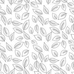 Floral seamless pattern with black silhouette leaves on white background. Tropic branches. Fashion vector stock illustration for wallpaper, posters, card, fabric, textile.