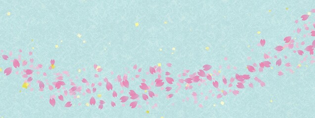水色の和紙に舞う桜の花びらの背景