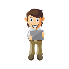 Business man holding tablet phone cartoon character Illustration design creation Isolated