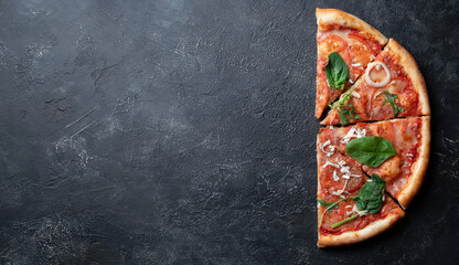 Tasty appetizing vegetarian pizza on dark stone background, top view 
