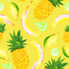 Exotic fruit seamless pattern on illuminating yellow  background. Summer sunny juicy print. Hand drawn watercolor pineapple, banana, mango, lime and lemon. 