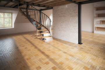Empty Attic Loft Conversion With Living Room & Kitchen - 3d visualization