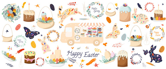 Happy Easter - a large spring Easter set of cute items: cakes, painted colored eggs, candles, food baskets, a van with flowers, feathers, rabbits, butterflies, wreaths. Vector clip art