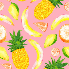 Exotic fruit seamless pattern on pink background. Watercolor juicy summer pineapple and banana print. 