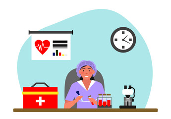 Medical tests template. chemical laboratory analysis - modern flat vector concept digital illustration of laboratory analysis. woman laboratory assistance with microscope, medical office or laboratory