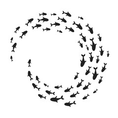 Obraz premium Silhouettes school of fish with marine life of various sizes swimming fish in the circle flat style design vector illustration. Colony of big and small sea animals.
