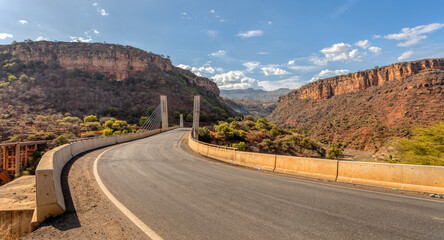 Scenic view to the valley landscape with new bridge across mountain river Blue Nile near Bahir Dar, Ethiopia.