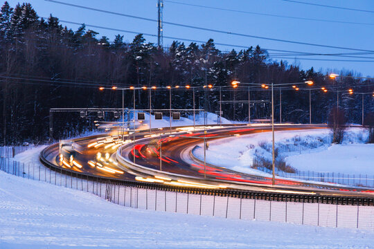 Stockholm, Sweden The E4 highway on a curve in the countryside in the winter.