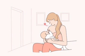 Motherhood, breastfeeding, family concept. Young happy loving woman mother sitting and breastfeeding her little baby infant at home feeling care and endless love vector illustration 