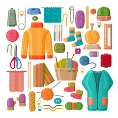 Set of woolen knitted clothes and knitting tools isolated on white background. Yarn buttons, hook and scissors, jumper, socks and mittens
