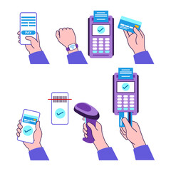 Contactless payment set. Hand holding device. POS terminal, credit card, smartphone, smartwatch, barcode scanner. NFC, online banking. Cashless transaction concept. Flat vector illustration.