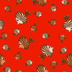 Seamless pattern with cute fish on red background. Vector cartoon animals colorful illustration. Adorable character for cards, wallpaper, textile, fabric. Flat style.