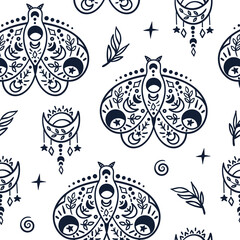 Celestial black and white butterfly seamless pattern - hand drawn line space digital paper with moth and moon, cute kids seamless background for textile, scrapbooking, wrapping paper
