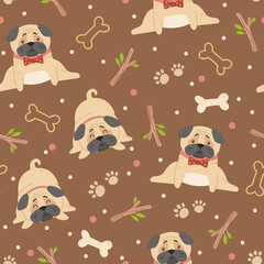 Baby pugs kids seamless pattern, Dog or puppy, toys and bones digital paper, seamless background with cute cartoon baby animal or pet for nursery textile, scrapbook, wrapping