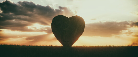 Fototapeta premium Illustration of the heart of stone on the sunset sky background, 3d render 