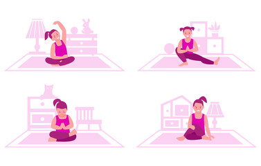 Little girl practices yoga on the background of the interior of the room. The concept of gymnastics, a healthy lifestyle for children. Set of vector illustrations in flat cartoon style.