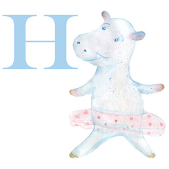 Watercolor hippopotamus. English alphabet with animals. Children's illustration.