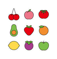 Various types of fruits illustration icon set. Cherry, apple, strawberry, peach, tomato, avocado, orange, lemon, mangosteen.