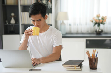 asian young student man entrepreneur working with computer studying learning online at home....