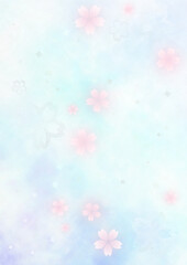 Fototapeta na wymiar 銀箔とふわふわの桜　幻想的な背景　春の和風背景素材（水色×桜色）縦型