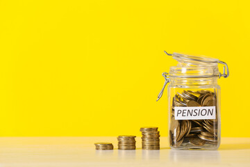 Jar with savings on color background. Concept of pension