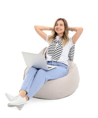 Young woman with laptop on white background