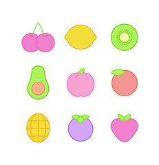 Various types of fruits illustration icon set. Cherry, strawberry, peach, avocado, orange, lemon, mangosteen, kiwi, mango.