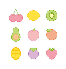 Various types of fruits illustration icon set. Cherry, strawberry, peach, avocado, orange, lemon, mangosteen, kiwi, mango.