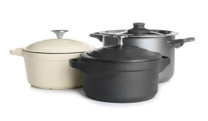 Cooking pots on white background