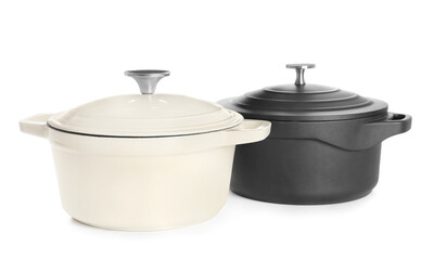 Cooking pots on white background