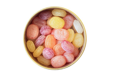 Colorful lollipops in a tin isolated on white background. Fruit drops. Copy space. 