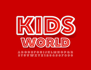 Fototapeta na wymiar Vector bright emblem Kids World. Red Sticker Font. Modern set of Alphabet Letters and Numbers