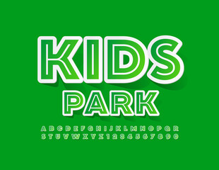 Vector green sign Kids Park. Sticker style Font. Creative Alphabet Letters and Numbers set