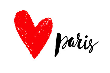 Love Paris. Paris ink lettering. Red heart isolated on white background. Vector illustration