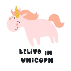 cartoon unicorn, hand drawing lettering, decor elements. colorful vector illustration, flat style. design for cards, t-shirt print, poster