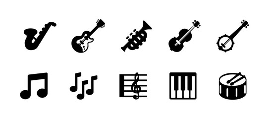 Set of Musical Instruments vector icons. Saxophone, Electric Guitar, Trumpet, Violin, Cello, Banjo, Piano, Keyboard, Drum musical symbols collection