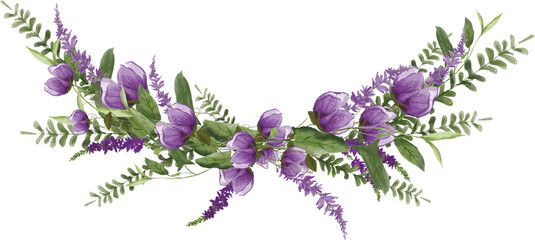 Purple Meadow Spring Summer Flowers Wreath. High resolution clipart